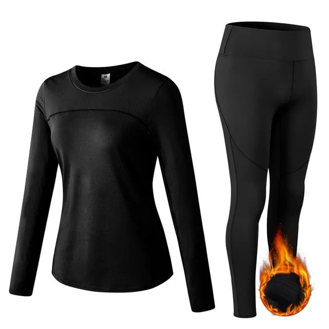 Thermal Sports Suits Women Workout Yoga Set Fitness Clothing High Waist Running Pants Gym Leggings Long Sleeve Crop Top Shirts
