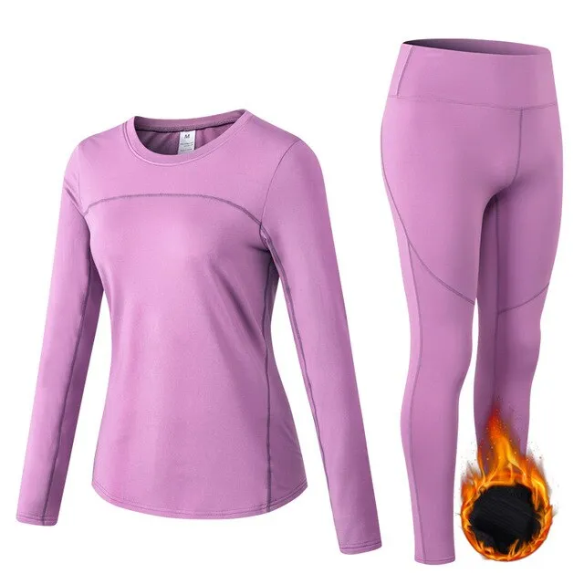 Thermal Sports Suits Women Workout Yoga Set Fitness Clothing High Waist Running Pants Gym Leggings Long Sleeve Crop Top Shirts
