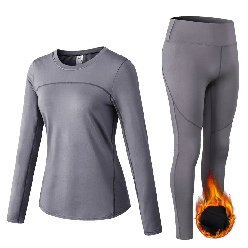 Thermal Sports Suits Women Workout Yoga Set Fitness Clothing High Waist Running Pants Gym Leggings Long Sleeve Crop Top Shirts