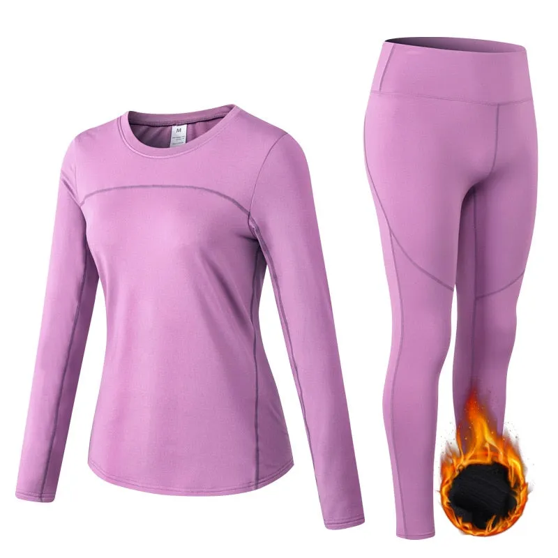 Thermal Sports Suits Women Workout Yoga Set Fitness Clothing High Waist Running Pants Gym Leggings Long Sleeve Crop Top Shirts