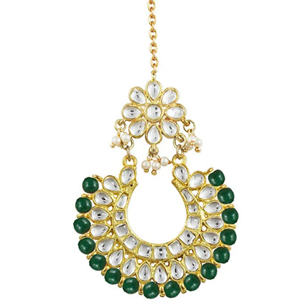 Traditional Gold Plated Green Beads Kundan Maangtikka For Women