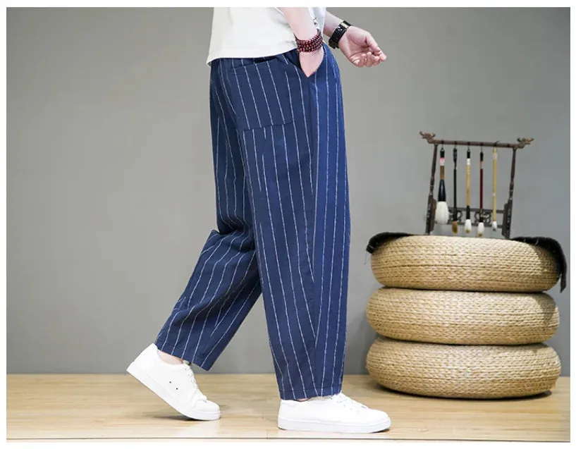 Trendy Striped Casual Pants for Men Loose Cotton Linen Pants Chinese Style Wide Legged Sweatpants Full Length Pant Trousers