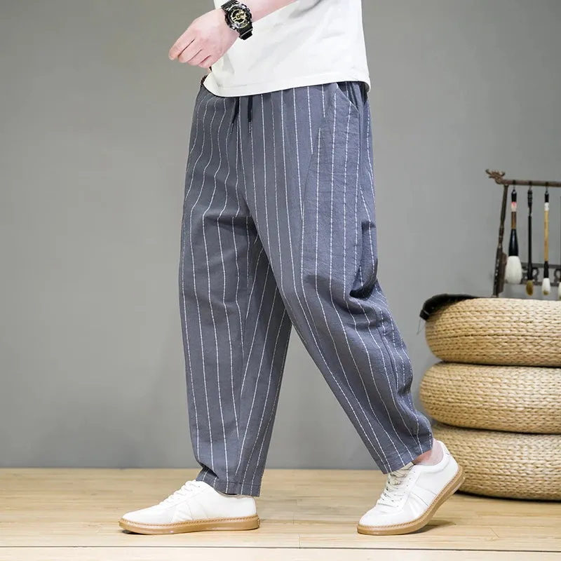 Trendy Striped Casual Pants for Men Loose Cotton Linen Pants Chinese Style Wide Legged Sweatpants Full Length Pant Trousers