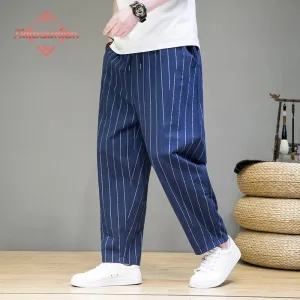 Trendy Striped Casual Pants for Men Loose Cotton Linen Pants Chinese Style Wide Legged Sweatpants Full Length Pant Trousers