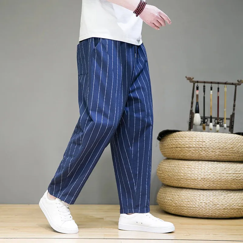 Trendy Striped Casual Pants for Men Loose Cotton Linen Pants Chinese Style Wide Legged Sweatpants Full Length Pant Trousers