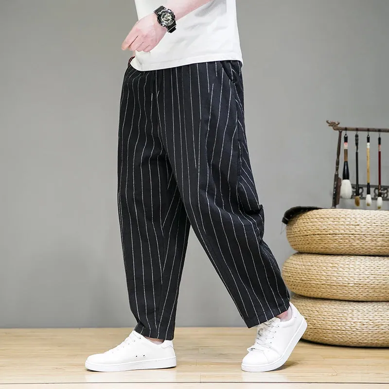 Trendy Striped Casual Pants for Men Loose Cotton Linen Pants Chinese Style Wide Legged Sweatpants Full Length Pant Trousers