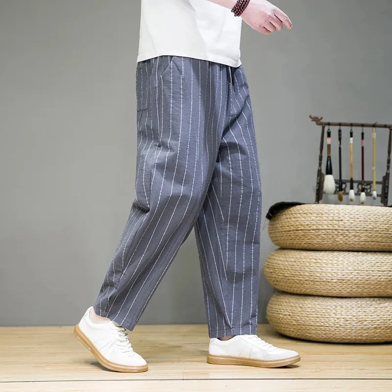 Trendy Striped Casual Pants for Men Loose Cotton Linen Pants Chinese Style Wide Legged Sweatpants Full Length Pant Trousers