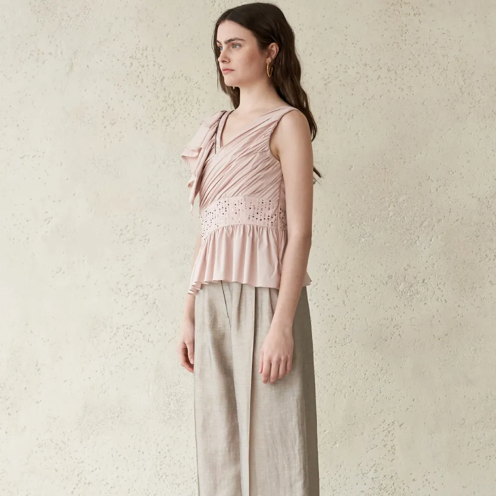 Tuck Detail Linen Wide Pants