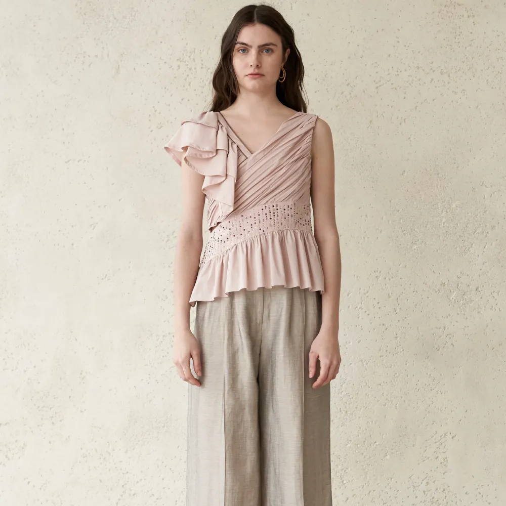 Tuck Detail Linen Wide Pants