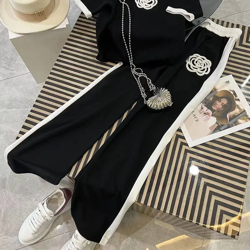 Two Piece Set Wide Leg Pants Print T Shirt Suits