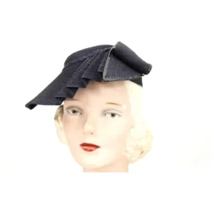 Vintage 1930s Straw Hat Asymmetrical Fan Fascinator Navy Blue Hand Blocked 22 Womens