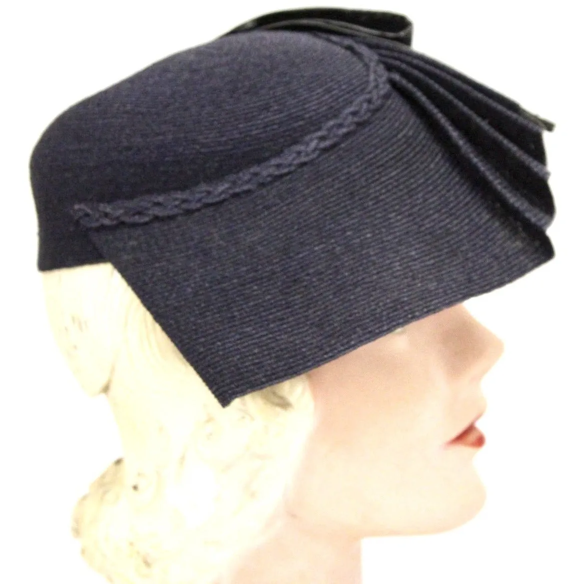 Vintage 1930s Straw Hat Asymmetrical Fan Fascinator Navy Blue Hand Blocked 22 Womens