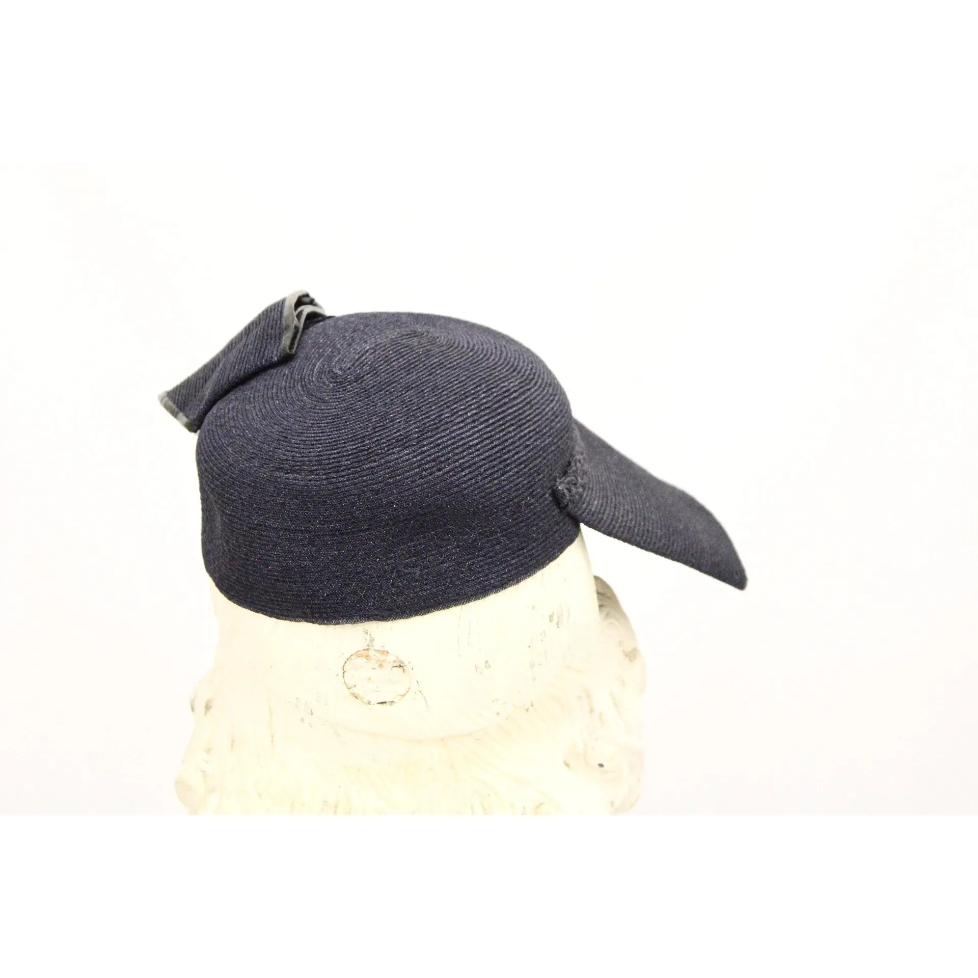 Vintage 1930s Straw Hat Asymmetrical Fan Fascinator Navy Blue Hand Blocked 22 Womens