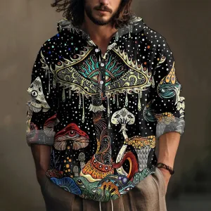 Vintage Dark Mushroom Eyes Print Casual Jacquard Shirt