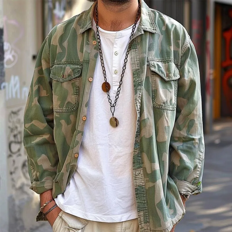 Westley - Men's Camouflage Lapel Breast Pocket Cargo Shirt Jacket
