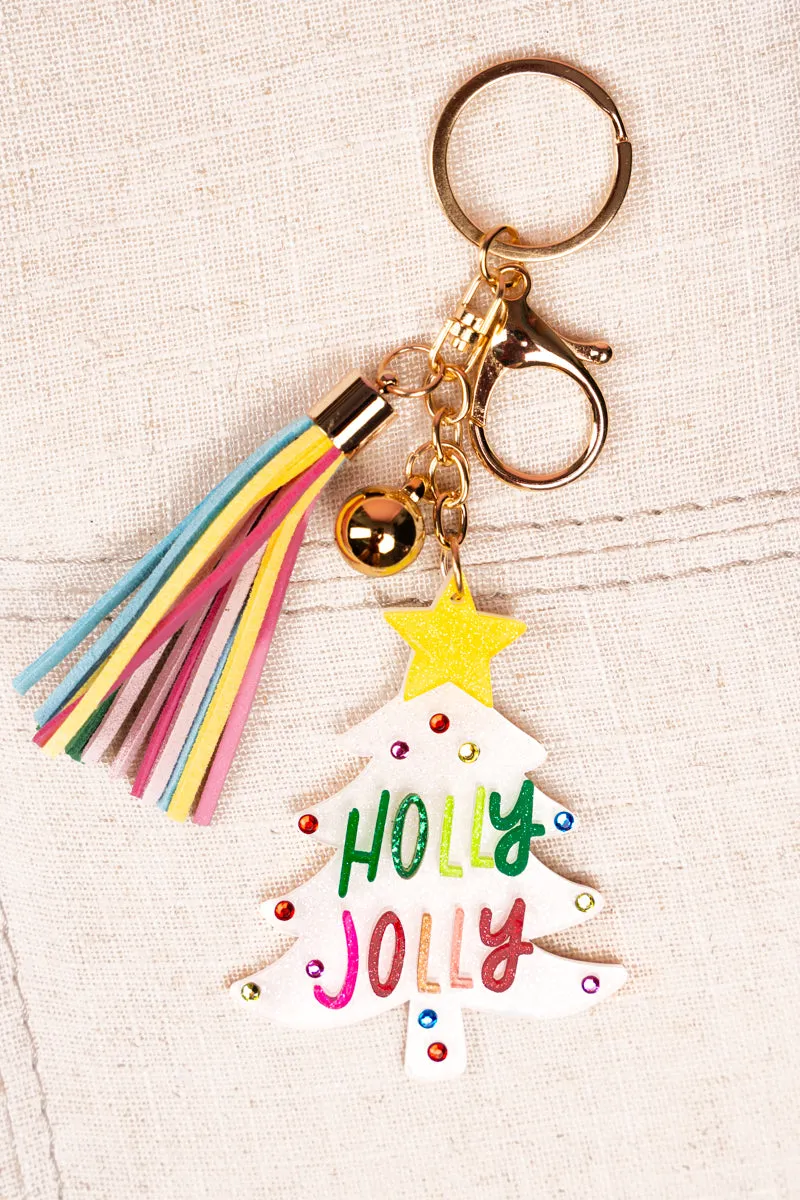 White 'Holly Jolly'  Acrylic Tree Keychain