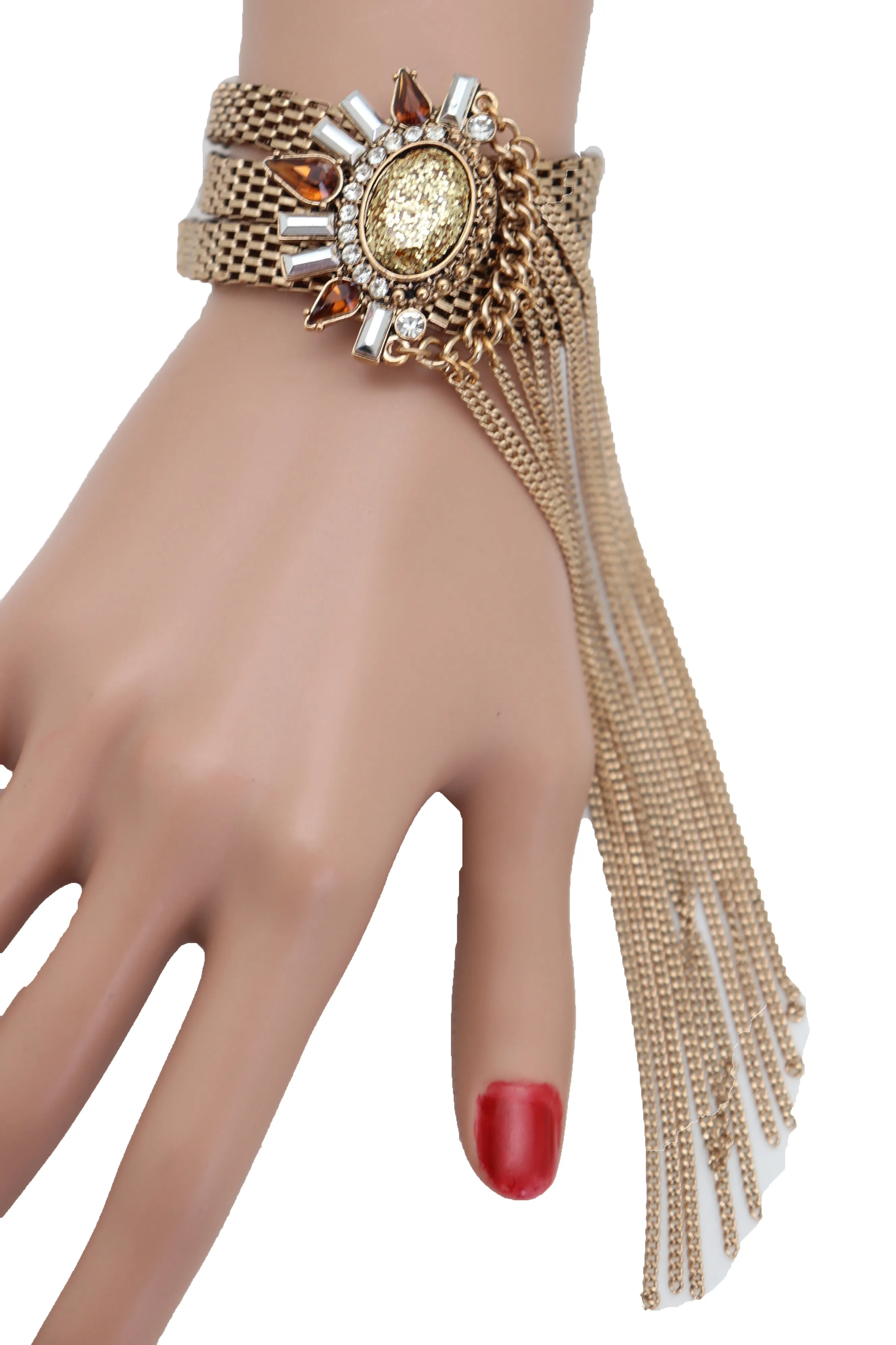 Women Gold Metal Chain Long Tassel Bracelet Bling Sun Bead Artsy One Size