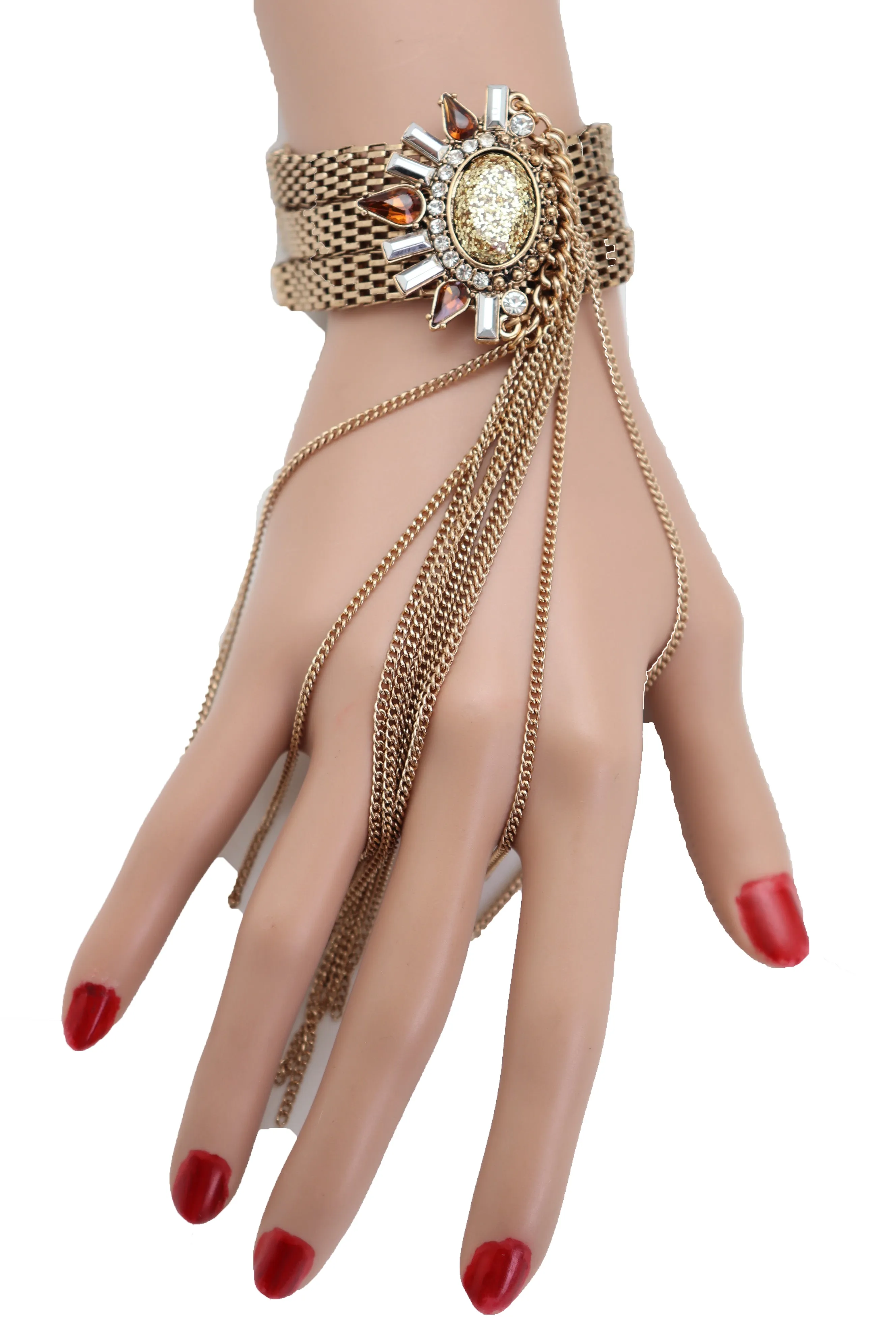 Women Gold Metal Chain Long Tassel Bracelet Bling Sun Bead Artsy One Size
