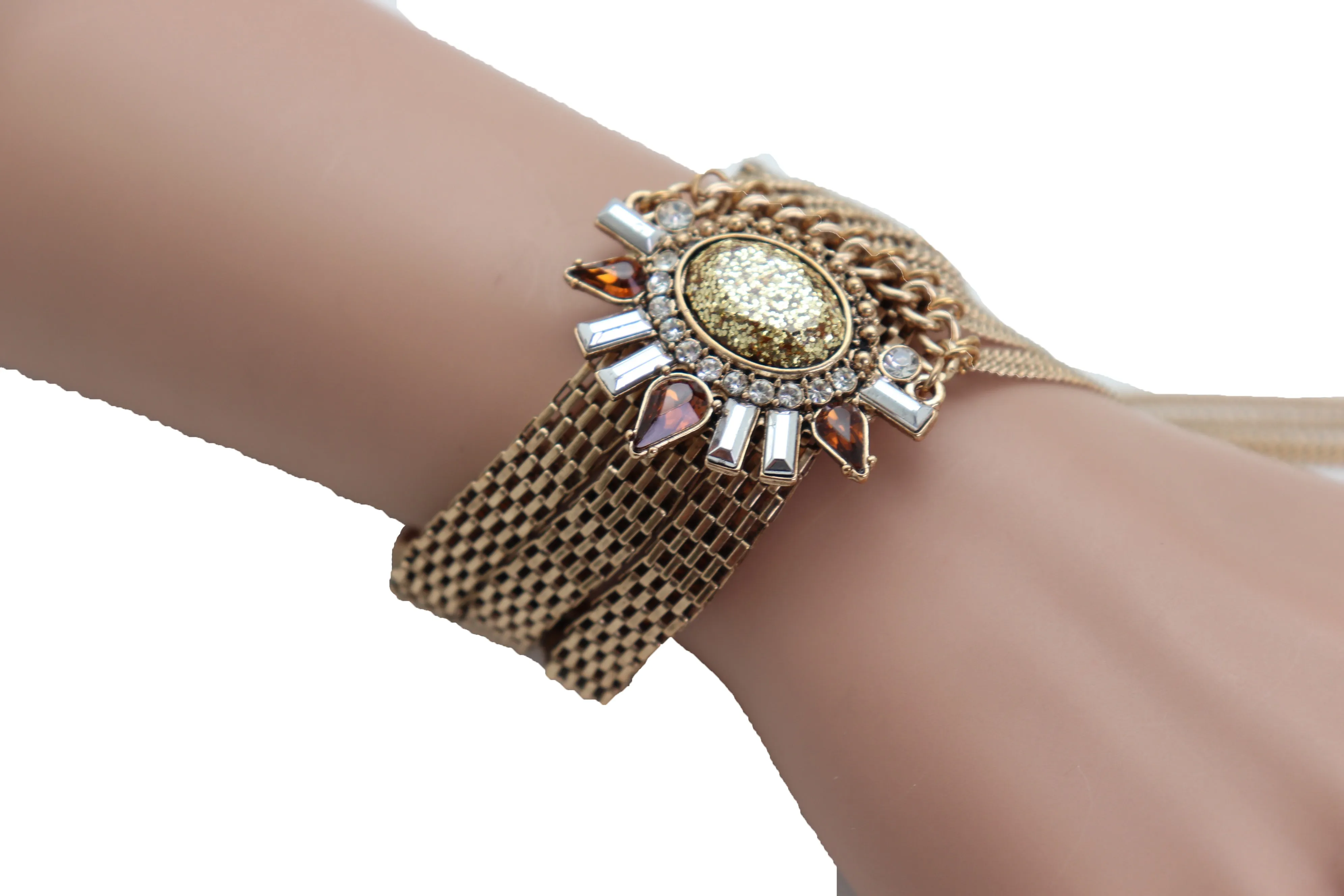 Women Gold Metal Chain Long Tassel Bracelet Bling Sun Bead Artsy One Size