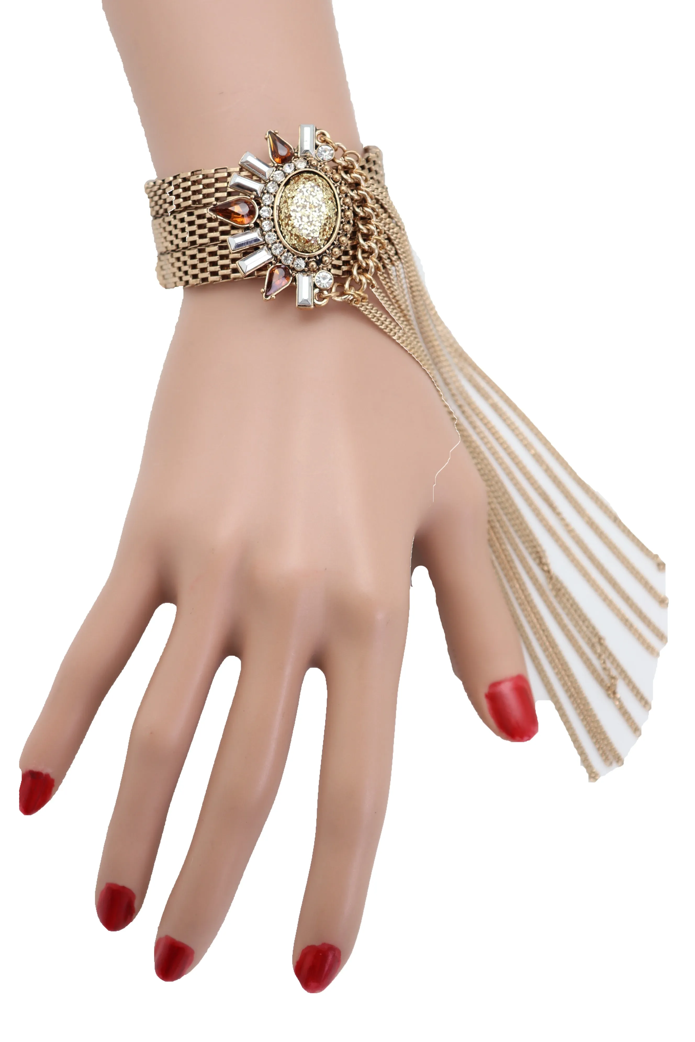 Women Gold Metal Chain Long Tassel Bracelet Bling Sun Bead Artsy One Size