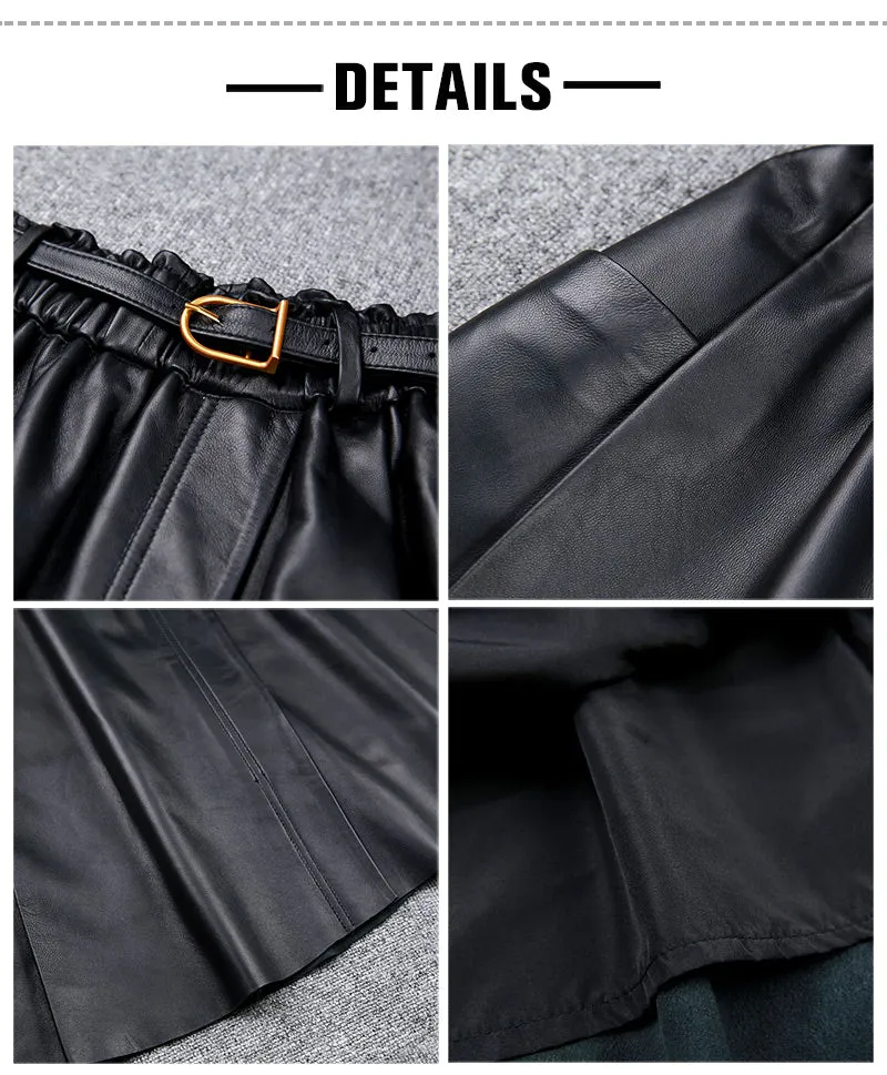 Women Leather Skirt Pleated Elastic Belt Simple High Waist Skirt Leather Sheepskin Dress 2022 Autumn Winter New TF4745