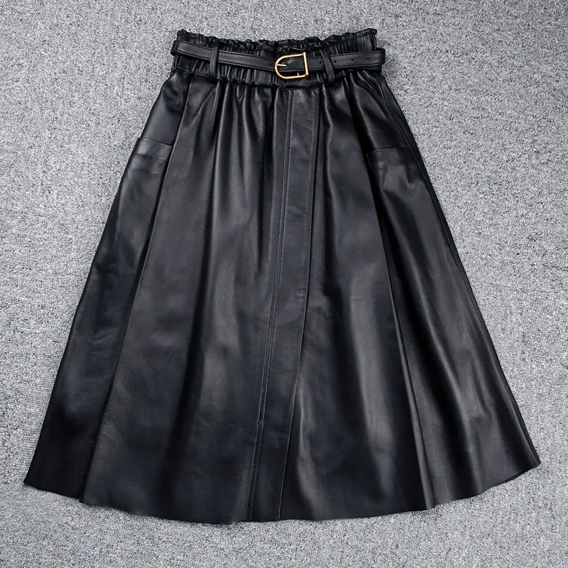 Women Leather Skirt Pleated Elastic Belt Simple High Waist Skirt Leather Sheepskin Dress 2022 Autumn Winter New TF4745