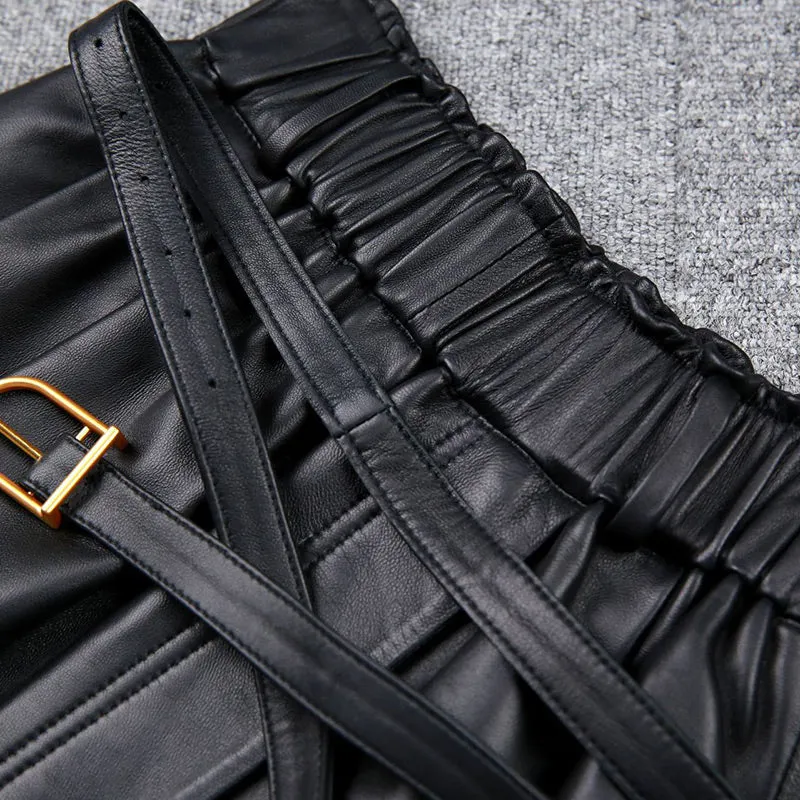 Women Leather Skirt Pleated Elastic Belt Simple High Waist Skirt Leather Sheepskin Dress 2022 Autumn Winter New TF4745