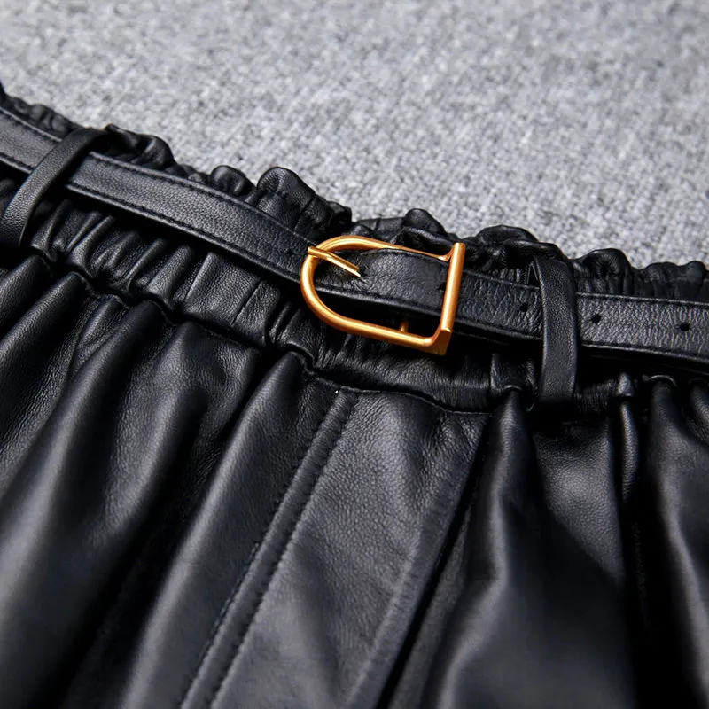 Women Leather Skirt Pleated Elastic Belt Simple High Waist Skirt Leather Sheepskin Dress 2022 Autumn Winter New TF4745