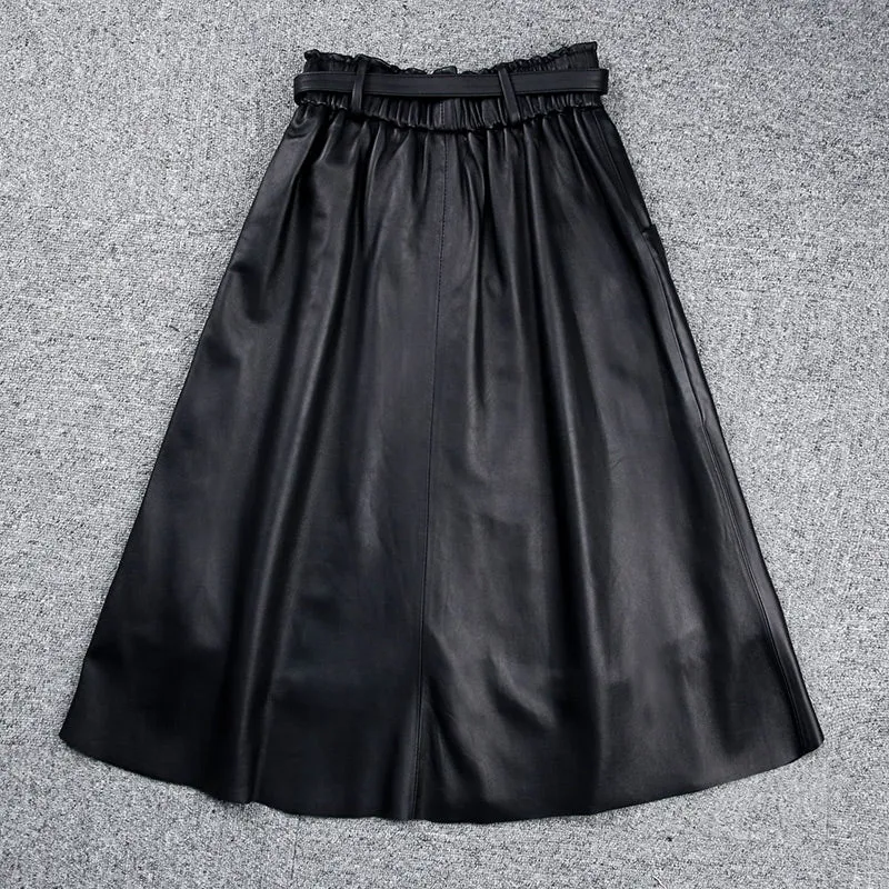 Women Leather Skirt Pleated Elastic Belt Simple High Waist Skirt Leather Sheepskin Dress 2022 Autumn Winter New TF4745