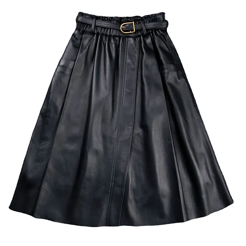 Women Leather Skirt Pleated Elastic Belt Simple High Waist Skirt Leather Sheepskin Dress 2022 Autumn Winter New TF4745