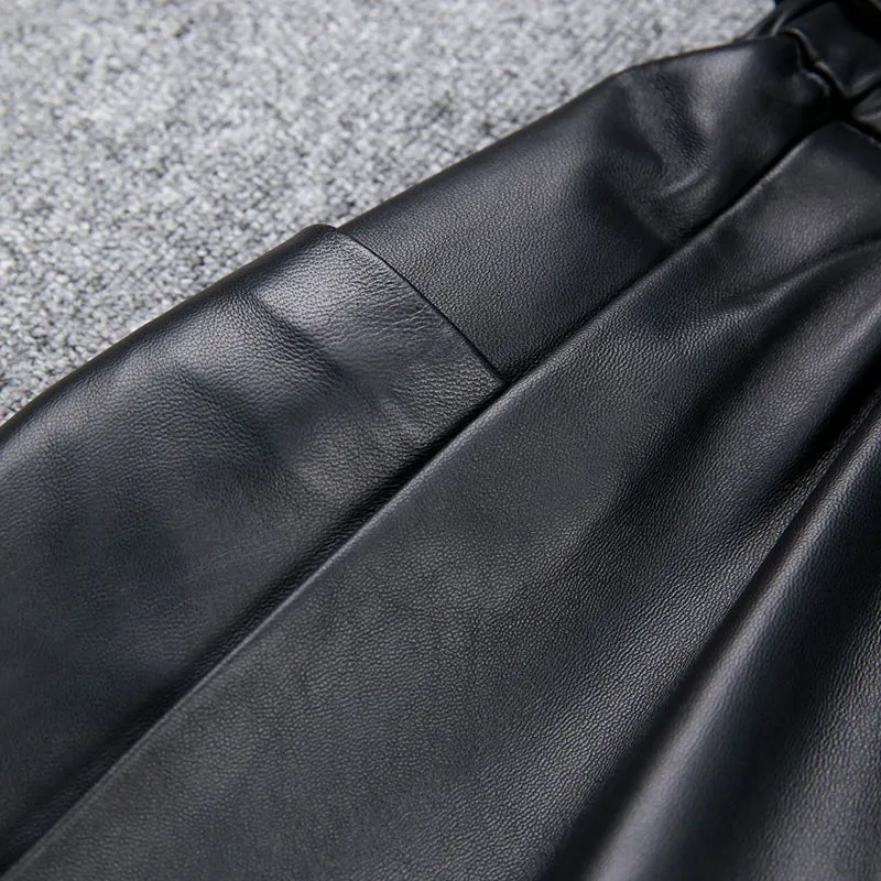 Women Leather Skirt Pleated Elastic Belt Simple High Waist Skirt Leather Sheepskin Dress 2022 Autumn Winter New TF4745