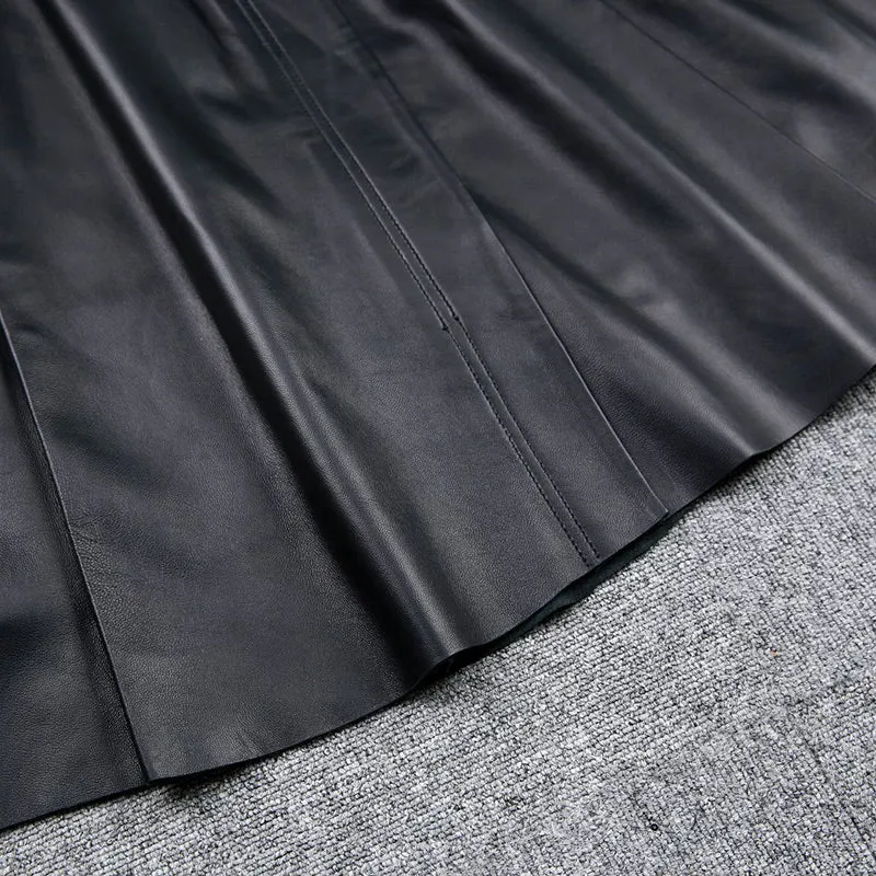 Women Leather Skirt Pleated Elastic Belt Simple High Waist Skirt Leather Sheepskin Dress 2022 Autumn Winter New TF4745