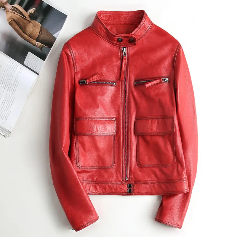 Women Real Leather Jacket Autumn Cool Style Short Motorcycle Jacket Genuine Sheepskin Classic Jackets CL4010
