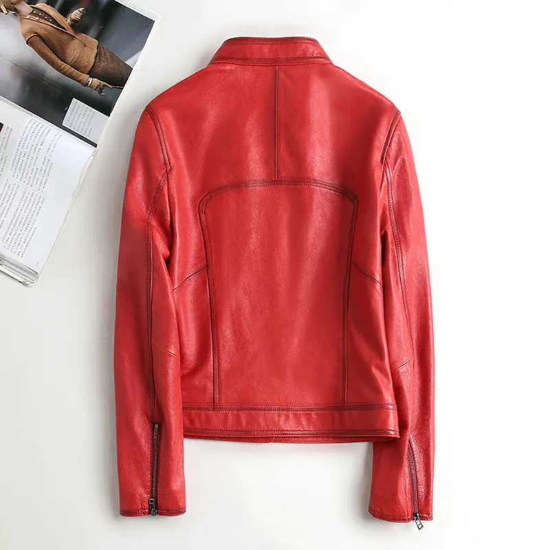 Women Real Leather Jacket Autumn Cool Style Short Motorcycle Jacket Genuine Sheepskin Classic Jackets CL4010