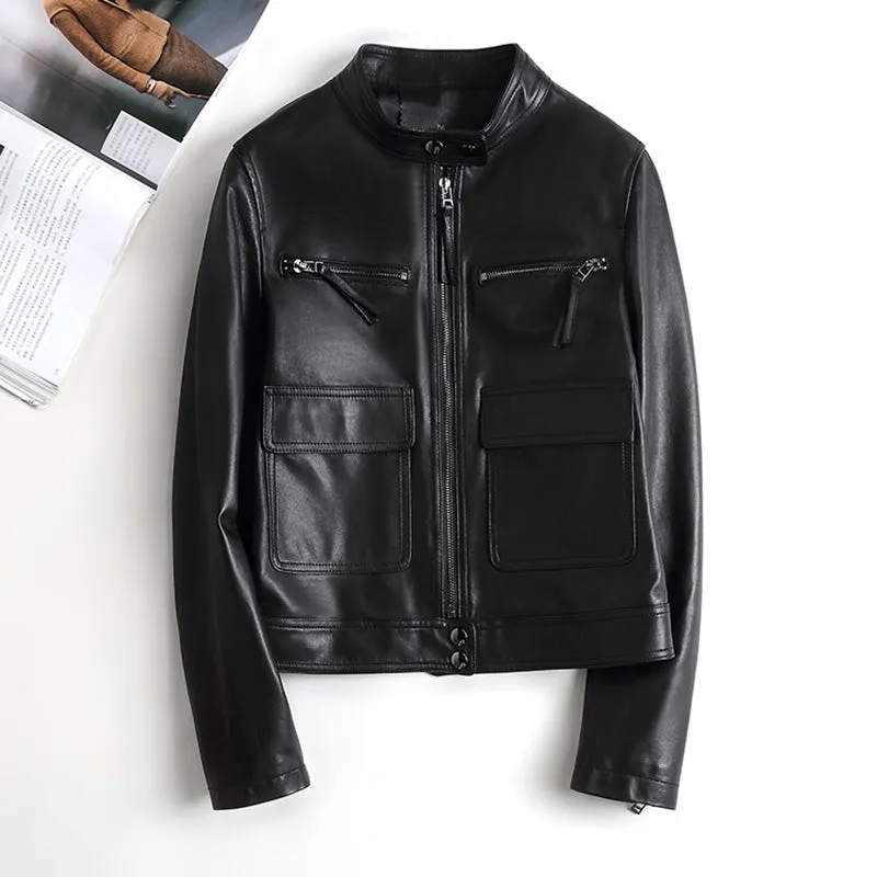 Women Real Leather Jacket Autumn Cool Style Short Motorcycle Jacket Genuine Sheepskin Classic Jackets CL4010