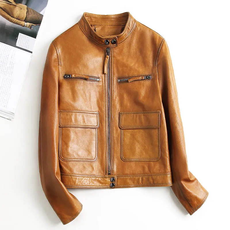 Women Real Leather Jacket Autumn Cool Style Short Motorcycle Jacket Genuine Sheepskin Classic Jackets CL4010