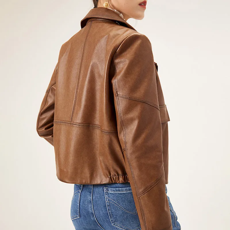 Women Spring Genuine Vegetable Tanned Leather Jackets Lady Retro Sheepskin Coats Female Vintage Jacket Autumn Clothes CL4018