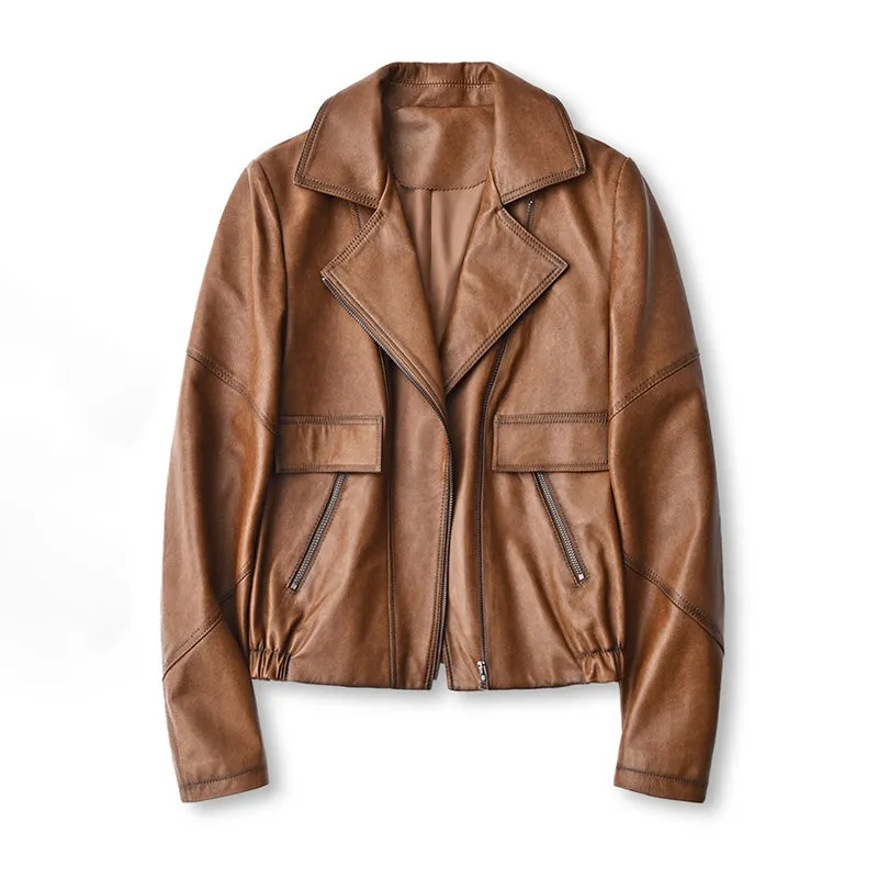 Women Spring Genuine Vegetable Tanned Leather Jackets Lady Retro Sheepskin Coats Female Vintage Jacket Autumn Clothes CL4018