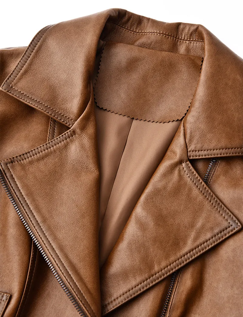 Women Spring Genuine Vegetable Tanned Leather Jackets Lady Retro Sheepskin Coats Female Vintage Jacket Autumn Clothes CL4018