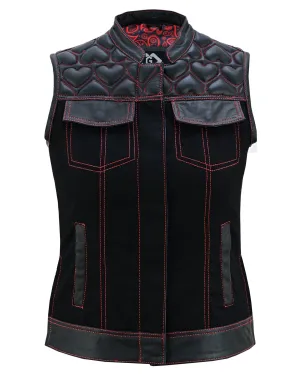 Womens Black Leather & Denim Biker Vest with Hearts and Red Stitching