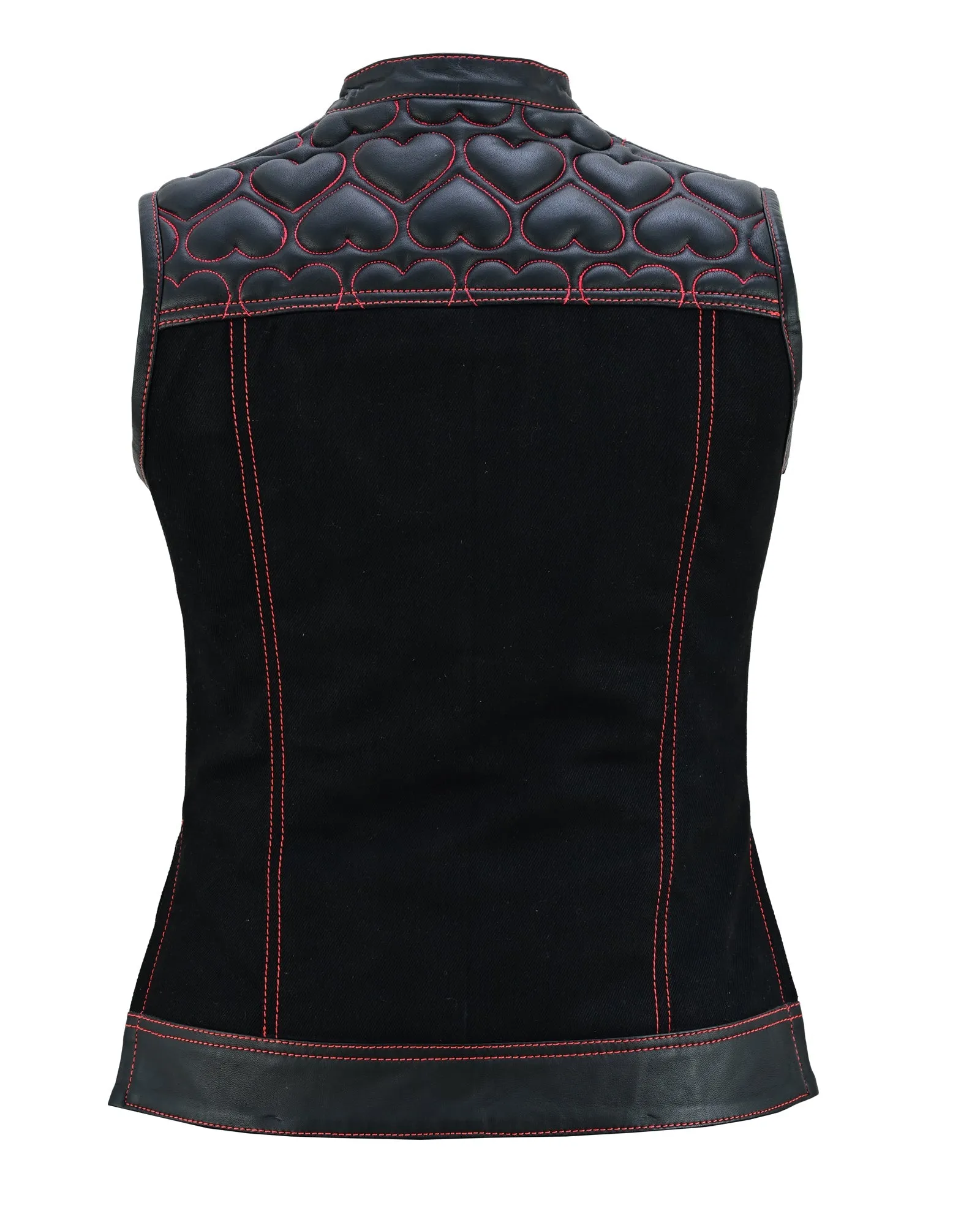 Womens Black Leather & Denim Biker Vest with Hearts and Red Stitching