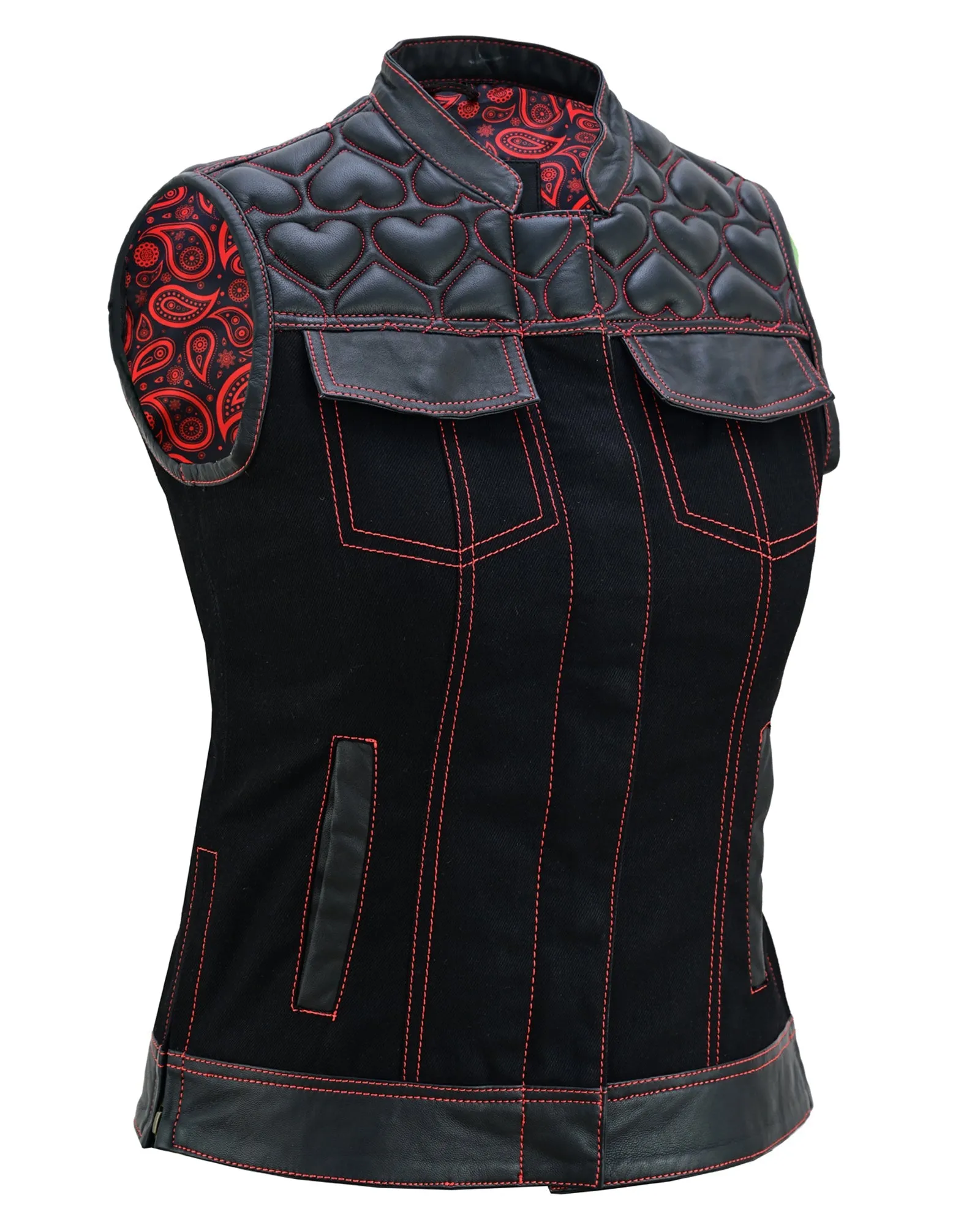 Womens Black Leather & Denim Biker Vest with Hearts and Red Stitching