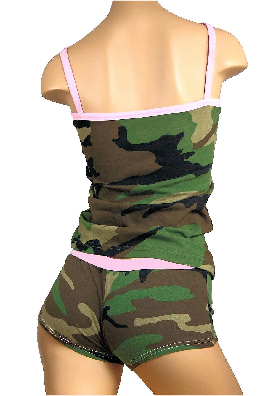 Women's Camo Pajama Lounge Set  Pink Trim Two Piece Boy Short and Cami Top
