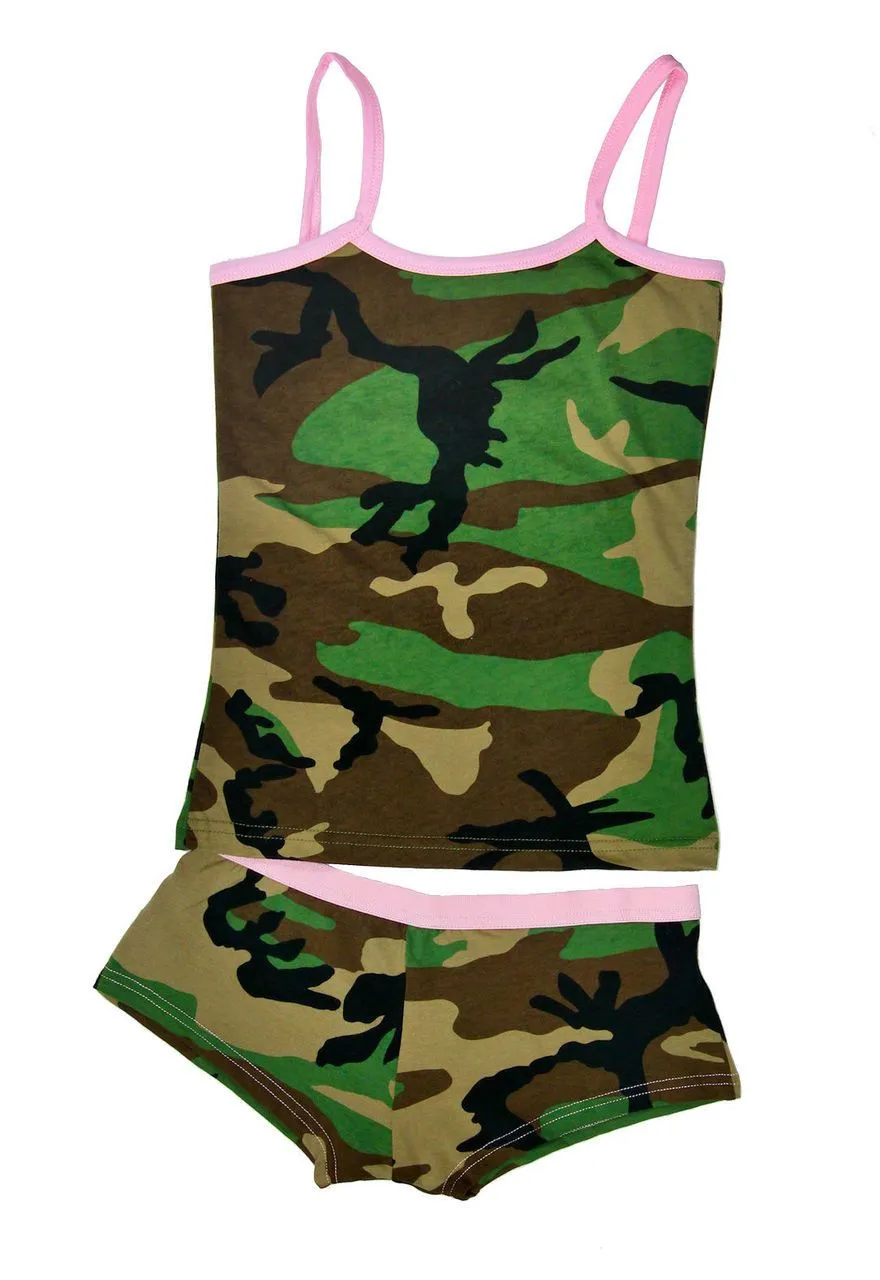 Women's Camo Pajama Lounge Set  Pink Trim Two Piece Boy Short and Cami Top