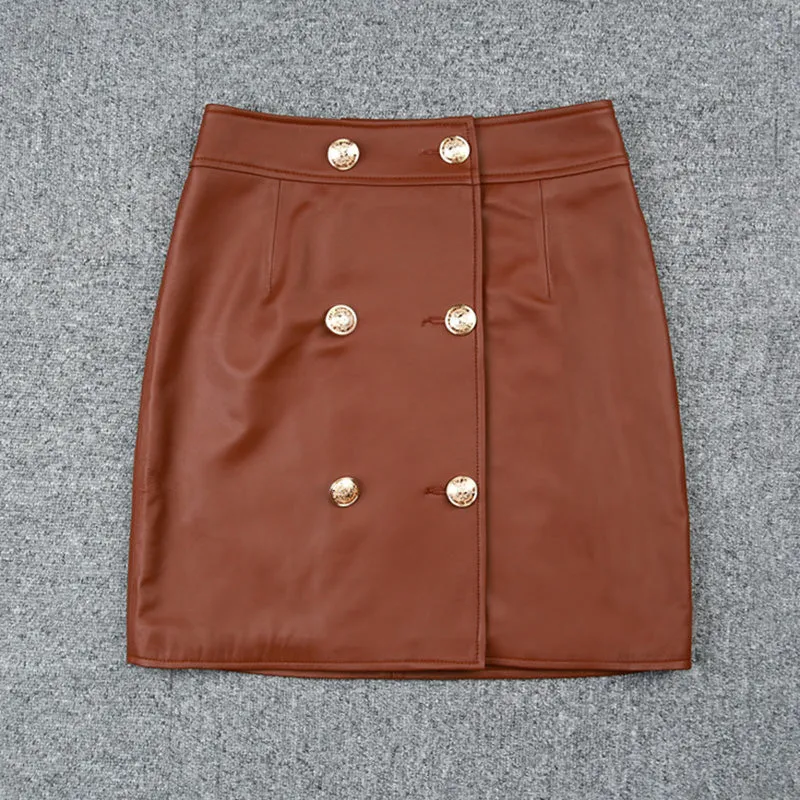 Women's Leather Skirts Metal Button A-Line Genuine Sheepskin Short Dress Fashion 2022 Autumn Winter New TF4789