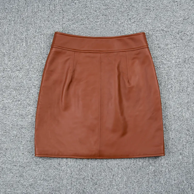 Women's Leather Skirts Metal Button A-Line Genuine Sheepskin Short Dress Fashion 2022 Autumn Winter New TF4789