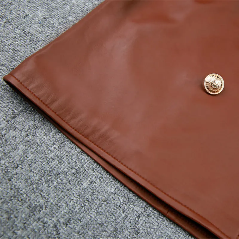 Women's Leather Skirts Metal Button A-Line Genuine Sheepskin Short Dress Fashion 2022 Autumn Winter New TF4789