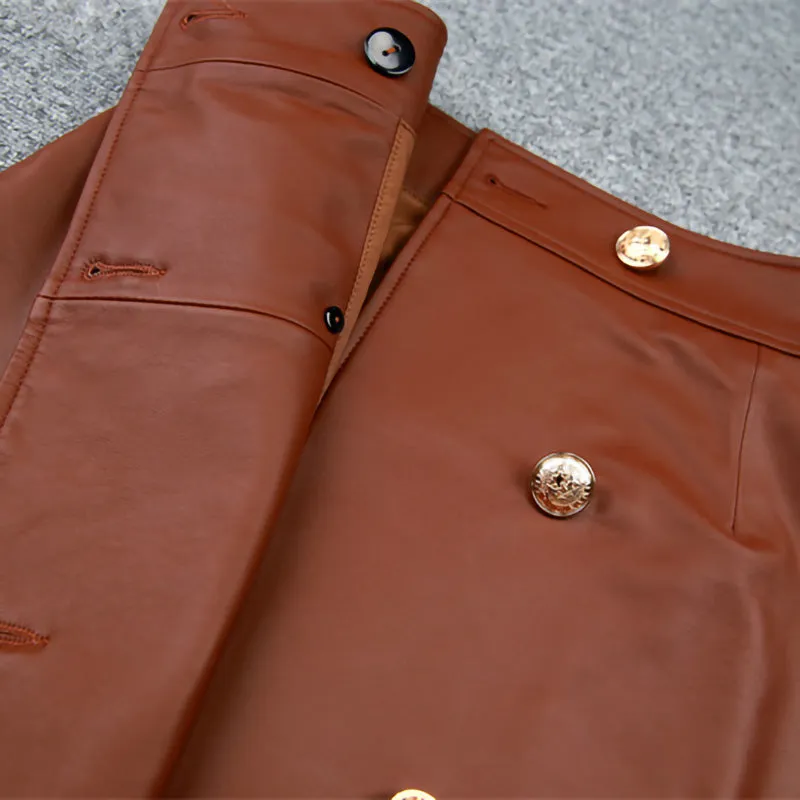 Women's Leather Skirts Metal Button A-Line Genuine Sheepskin Short Dress Fashion 2022 Autumn Winter New TF4789