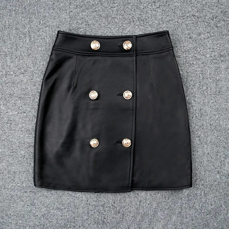 Women's Leather Skirts Metal Button A-Line Genuine Sheepskin Short Dress Fashion 2022 Autumn Winter New TF4789