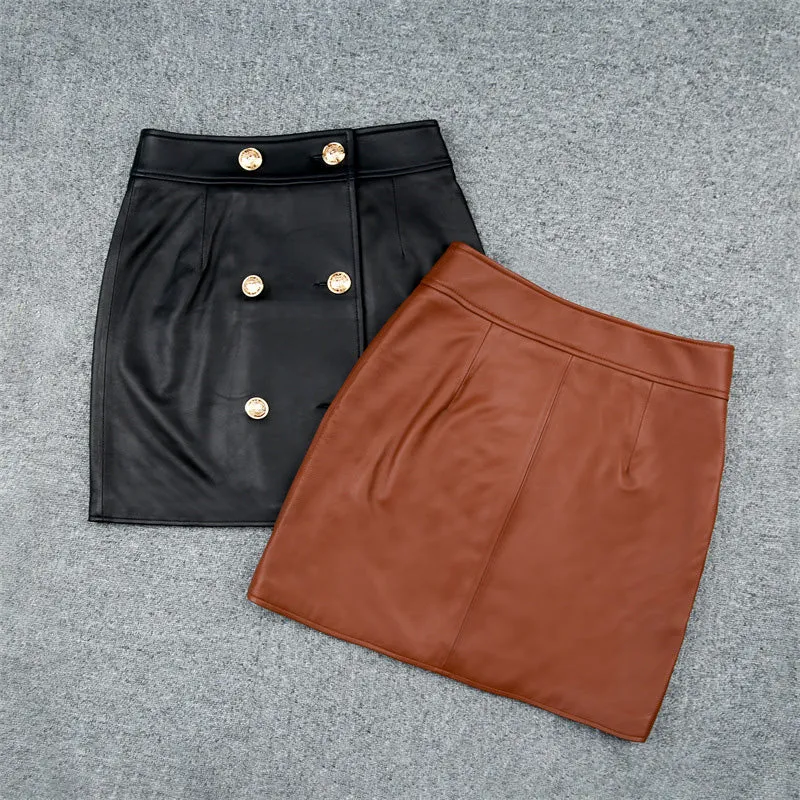 Women's Leather Skirts Metal Button A-Line Genuine Sheepskin Short Dress Fashion 2022 Autumn Winter New TF4789